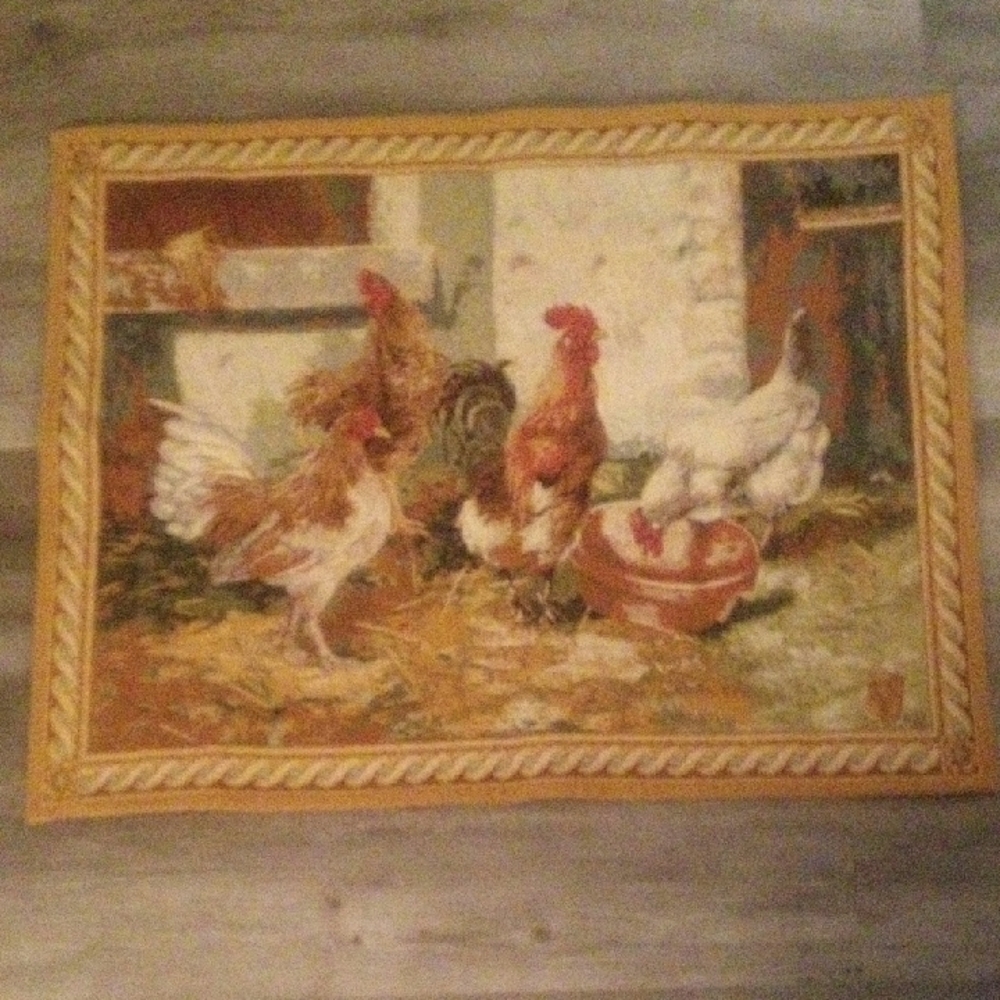 Vintage French Tapestry Farmhouse Chickens -"Poulet et Cog" (Hens & Rooster)